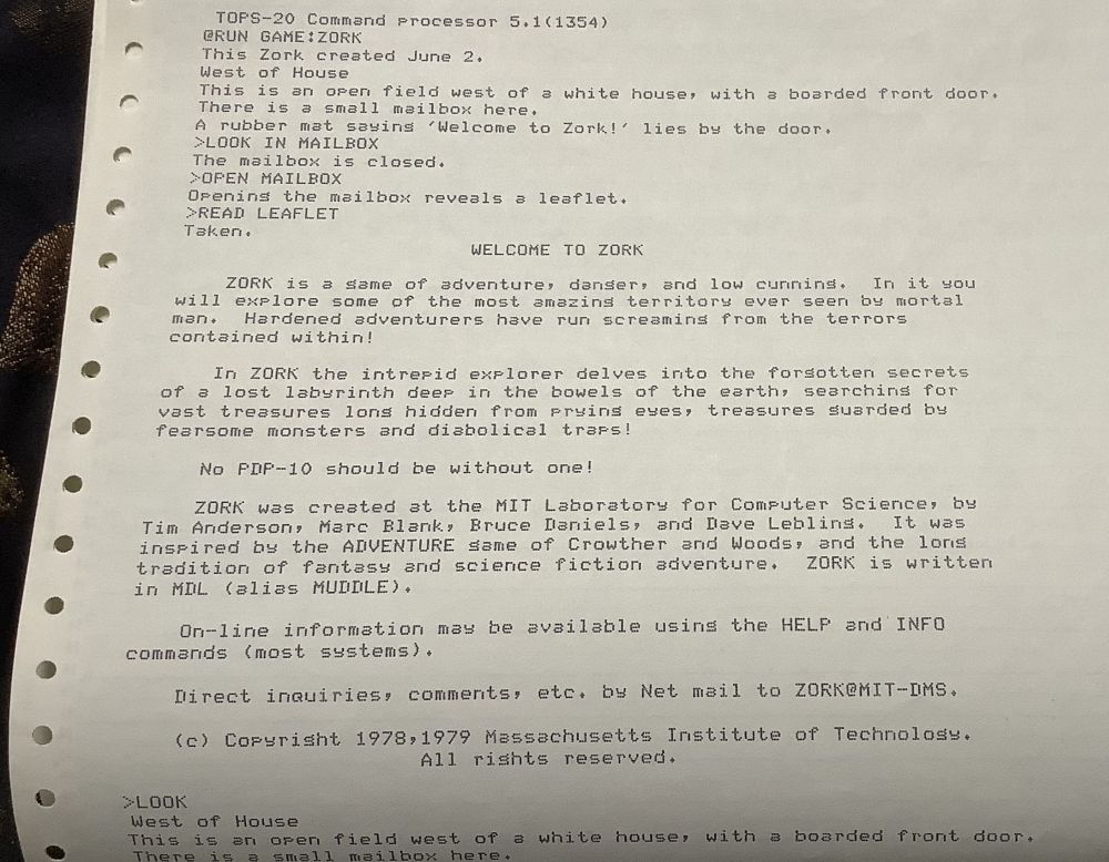 Printout of Zork welcome text